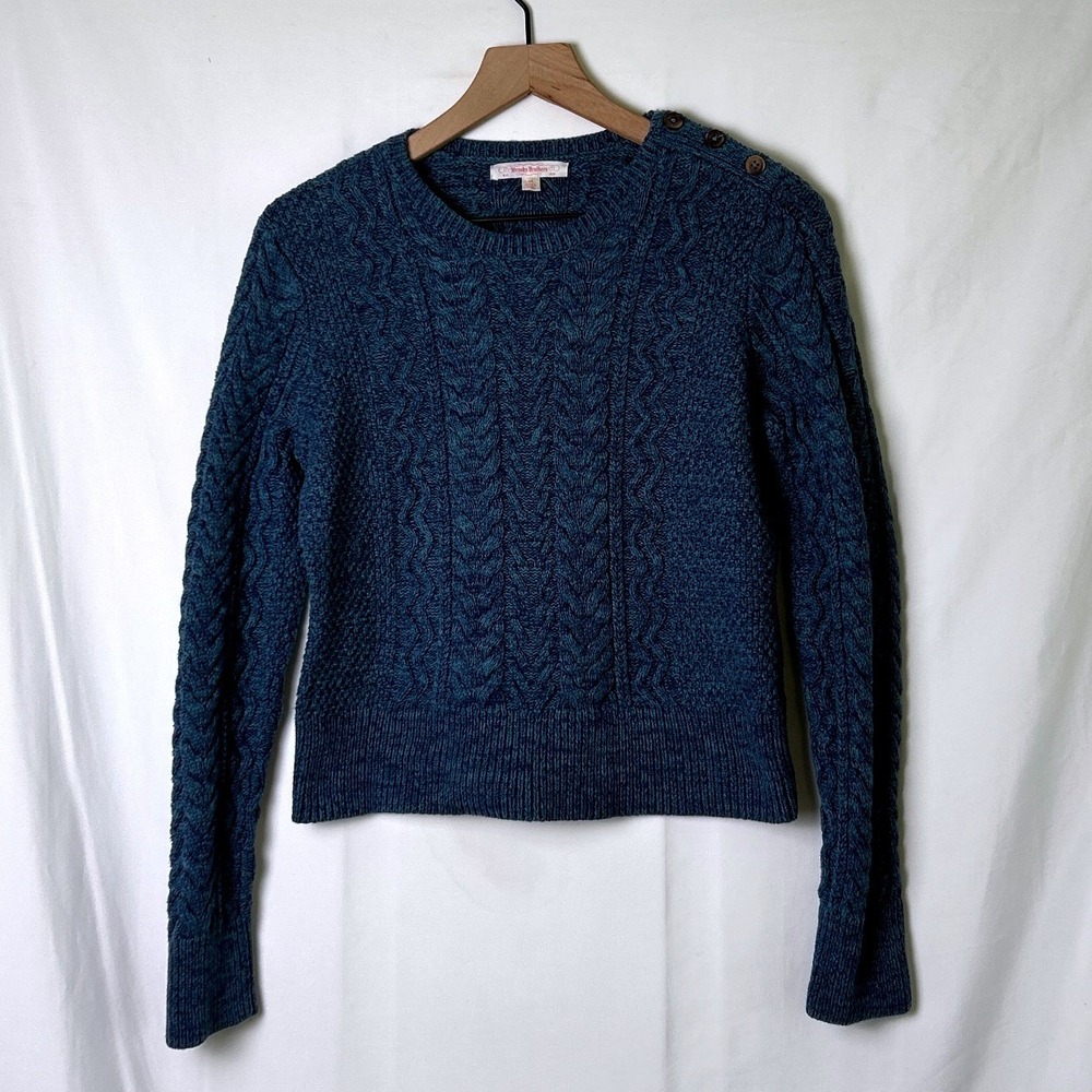 Brooks Brothers Womens Cable Knit Button Shoulder Sweater Size M Blue Cotton